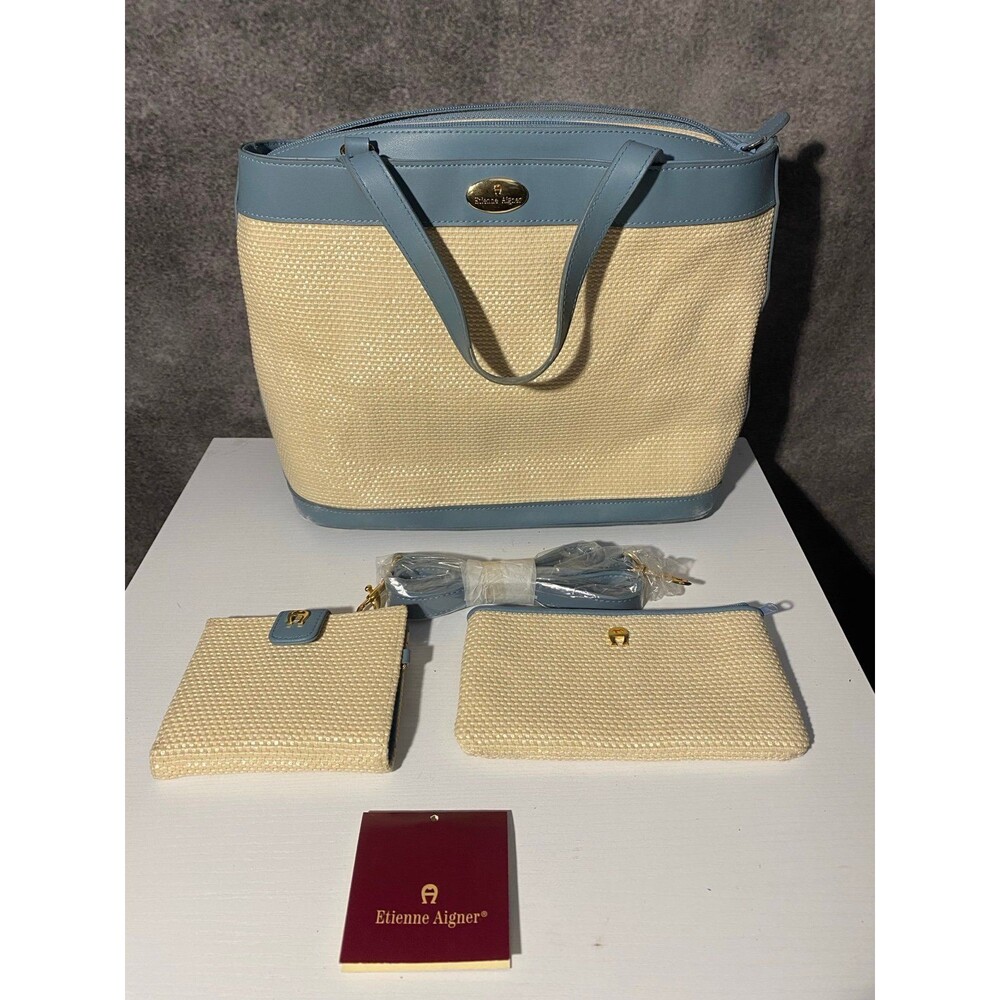 Etienne Aigner Straw Tote Bag Set - Blue Leather Trim - Wallet & Cosmetic Pouch